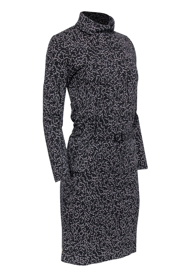Current Boutique-A.P.C. - Black Printed Turtleneck A-line Mini Dress w/ Fabric Belt Sz S