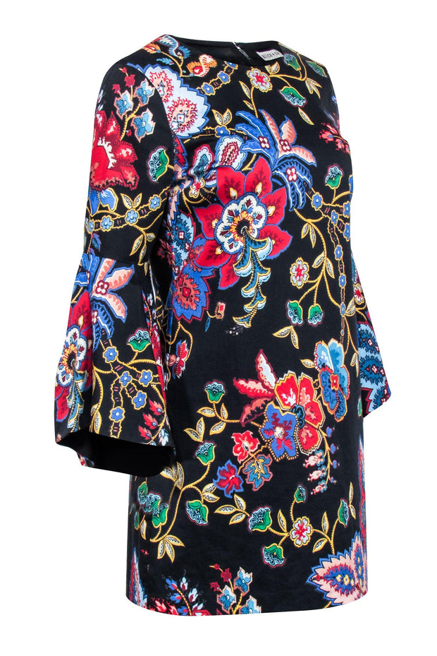 Current Boutique-Alice & Olivia - Black Floral Print Shift Dress w/ Bell Sleeves Sz 6