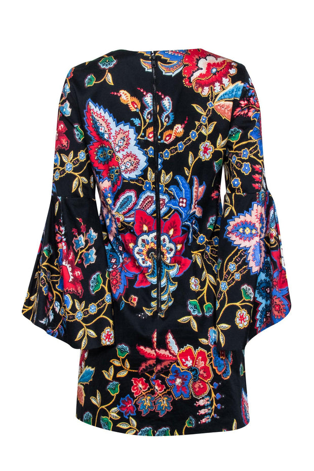 Current Boutique-Alice & Olivia - Black Floral Print Shift Dress w/ Bell Sleeves Sz 6