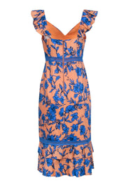 Current Boutique-Alice & Olivia - Peach & Blue Floral Sleeveless Midi Dress Sz 10