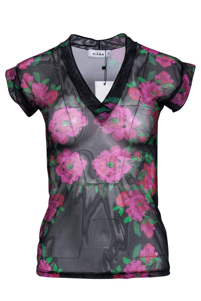 Current Boutique-Amir Slama - Black & Multi Color Sheer Mesh Floral Print Shirt Sz L