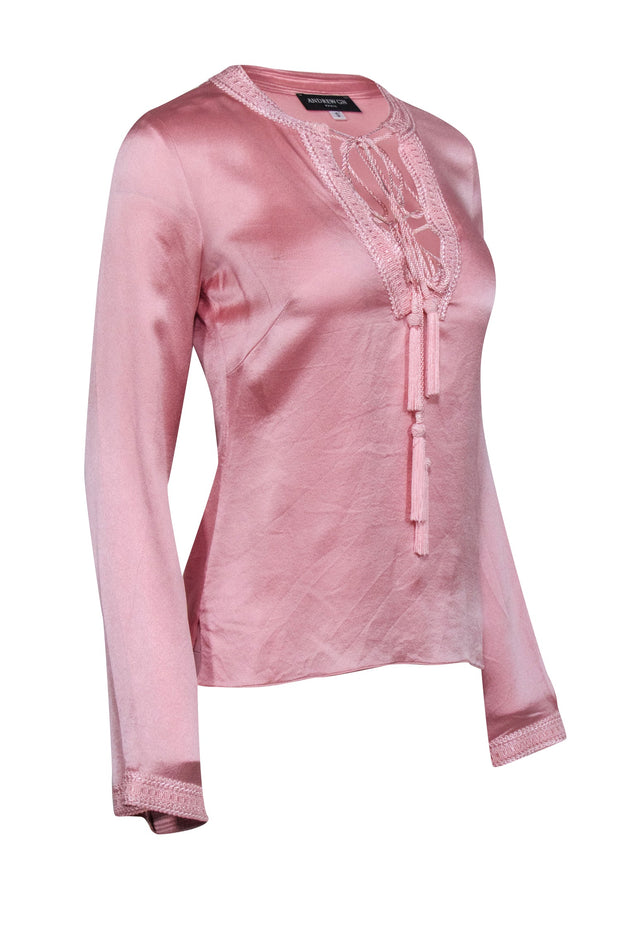 Current Boutique-Andrew GN - Pink Silk Long Sleeve Blouse Sz S