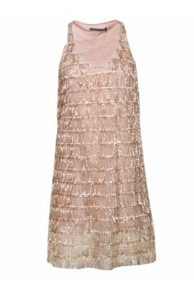 Current Boutique-Angela Davis - Beige Sequin Fringe Sleeveless Dress Sz M