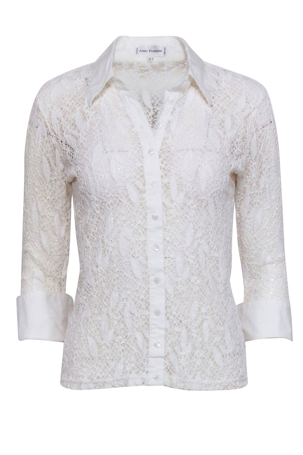 Current Boutique-Anne Fontaine - White Embroidered Lace Sheer Button Down Shirt Sz M