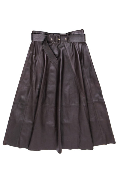 Current Boutique-Arma - Brown Leather Belted A-Line Midi Skirt Sz M