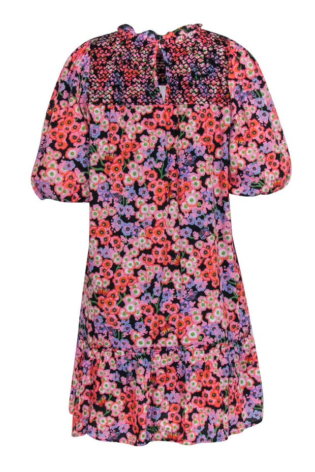 Current Boutique-Banjanan - Pink, Orange, & Black Floral Print Puff Sleeve Dress Sz S