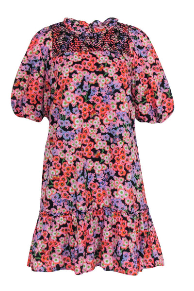 Current Boutique-Banjanan - Pink, Orange, & Black Floral Print Puff Sleeve Dress Sz S