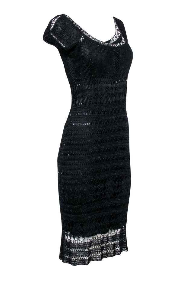 Current Boutique-Basix II - Black Knit Beaded Cap Sleeve Dress Sz M