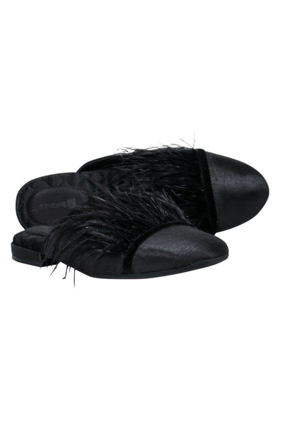 Current Boutique-Birdie - Black Flat Mule Shoes w/ Feather Trim Sz 6