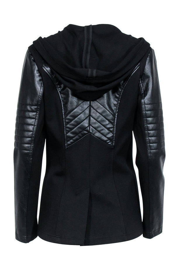 Current Boutique-Blanc Noir - Black Knit Hooded Faux Leather Detail Jacket Sz S