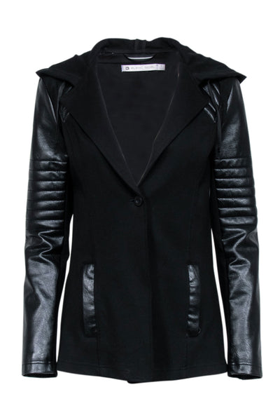 Current Boutique-Blanc Noir - Black Knit Hooded Faux Leather Detail Jacket Sz S