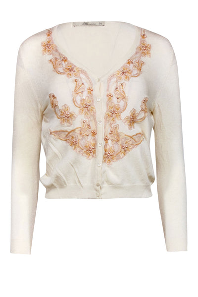 Current Boutique-Bluemarine - Cream w/ Pink Floral Embroidery & Pearl Detailed Cardigan Sz S