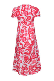 Current Boutique-Boden - White w/ Red & Pink Floral Print Short Sleeve Linen Midi Dress Sz 6P