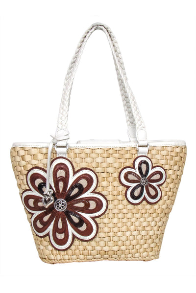 Current Boutique-Brighton - Beige Straw Tote Bag w/ Leather Flowers