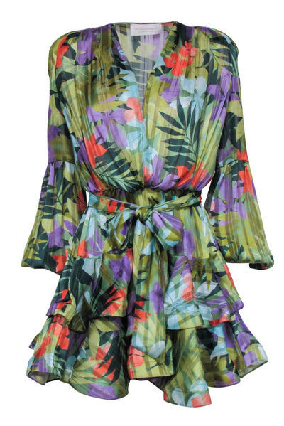 Current Boutique-Bronx & Banco - Green w/ Multi Color Tropical Print Ruffled Hem Mini Dress Sz 4