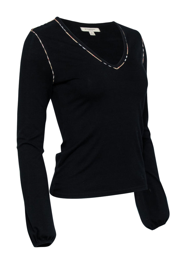 Current Boutique-Burberry- Black Long Sleeve Shirt w/ Plaid Contrast Stitching Sz S