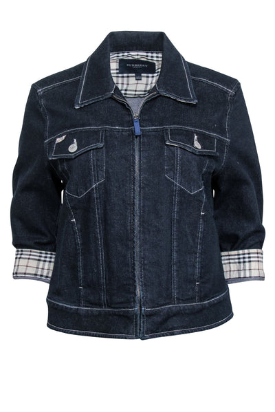 Current Boutique-Burberry - Dark Wash Denim Jacket w/ Plaid Cuffs Sz 10