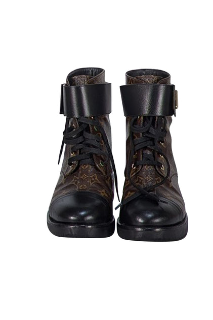 Louis Vuitton Brown Monogram Black Leather Citizen Flat Combat