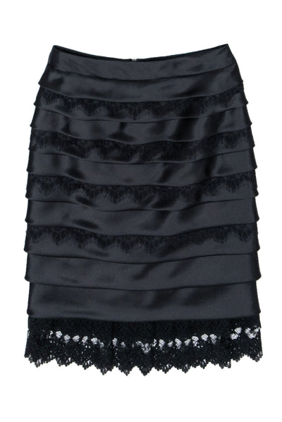 Current Boutique-Carmen Marc Valvo - Black Silk & Lace Layered Skirts Sz 4