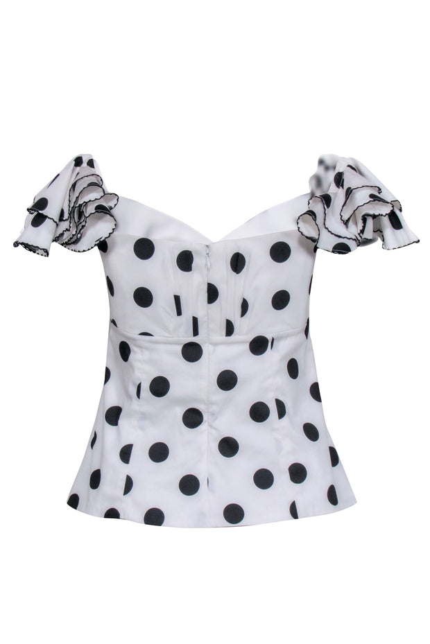 Current Boutique-Caroline Constas - White & Black Polka Dot Ruffle Shoulder Top Sz M