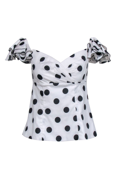 Current Boutique-Caroline Constas - White & Black Polka Dot Ruffle Shoulder Top Sz M