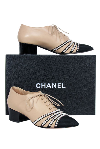 Chanel - Beige, Black, & Pearl Low Heel Loafers Sz 9