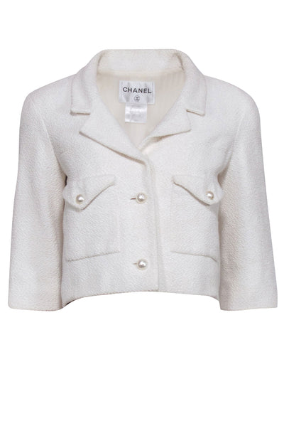 Current Boutique-Chanel - Cream Boucle Tweed Blazer w/ Faux Pearl Accent Sz 36