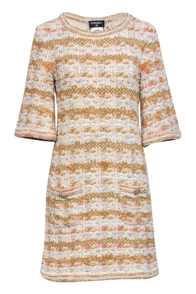Current Boutique-Chanel - Ivory, Tan, & Pink Tweed Knit Dress Sz 4