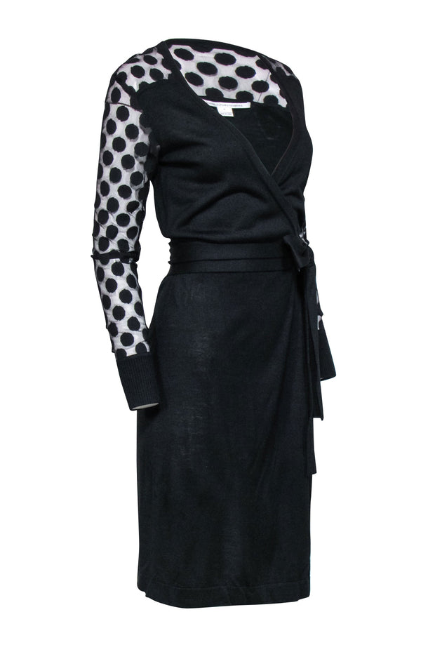Current Boutique-Diane von Furstenberg - Black Wrap Dress w/ Semi Sheer Polka Dot Sleeves Sz S