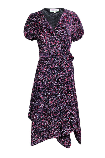 Current Boutique-Diane von Furstenberg - Black w/ Pink & Purple Velvet Burn Out Print Dress Sz M