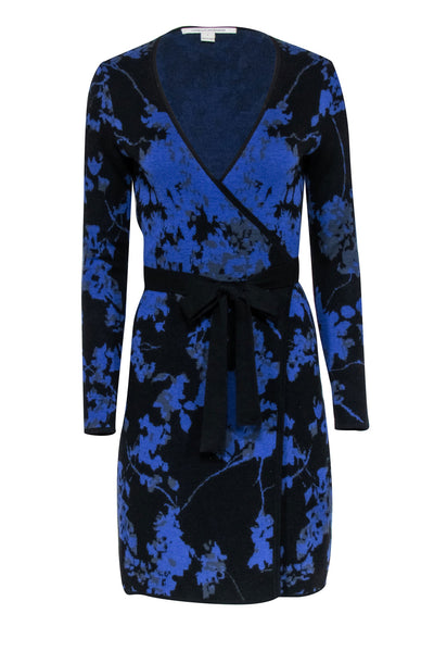 Current Boutique-Diane von Furstenberg - Blue, Black & Grey Floral Merino Wool Knit Wrap Dress Sz P