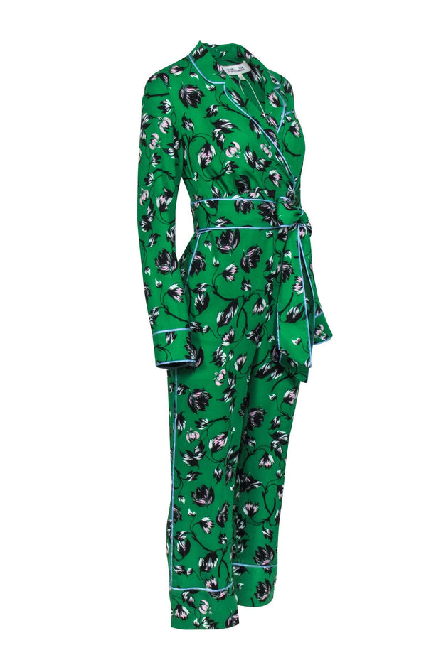 Current Boutique-Diane von Furstenberg - Green w/ Floral Print Detail Wrap Jumpsuit Sz 2