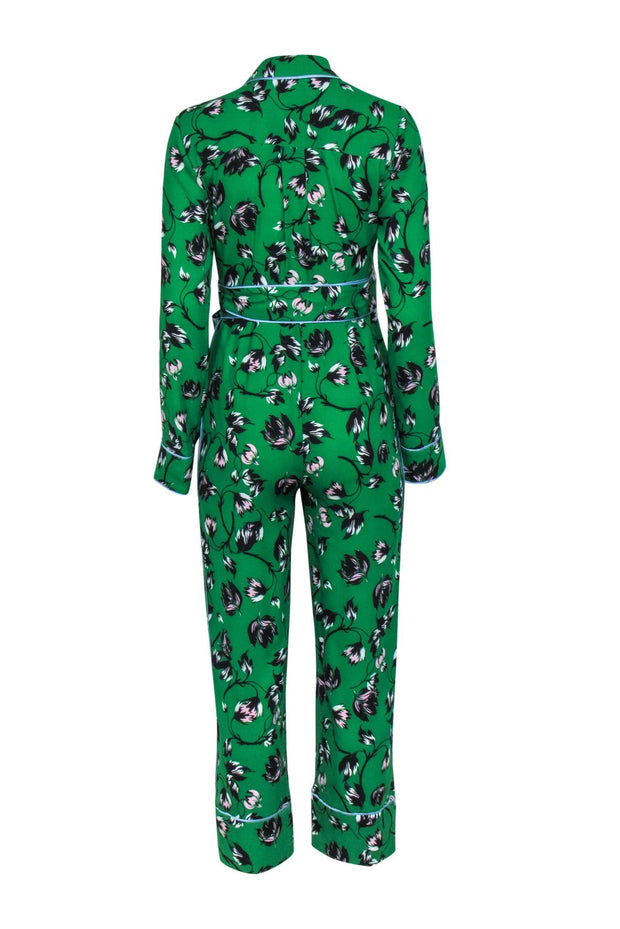 Current Boutique-Diane von Furstenberg - Green w/ Floral Print Detail Wrap Jumpsuit Sz 2