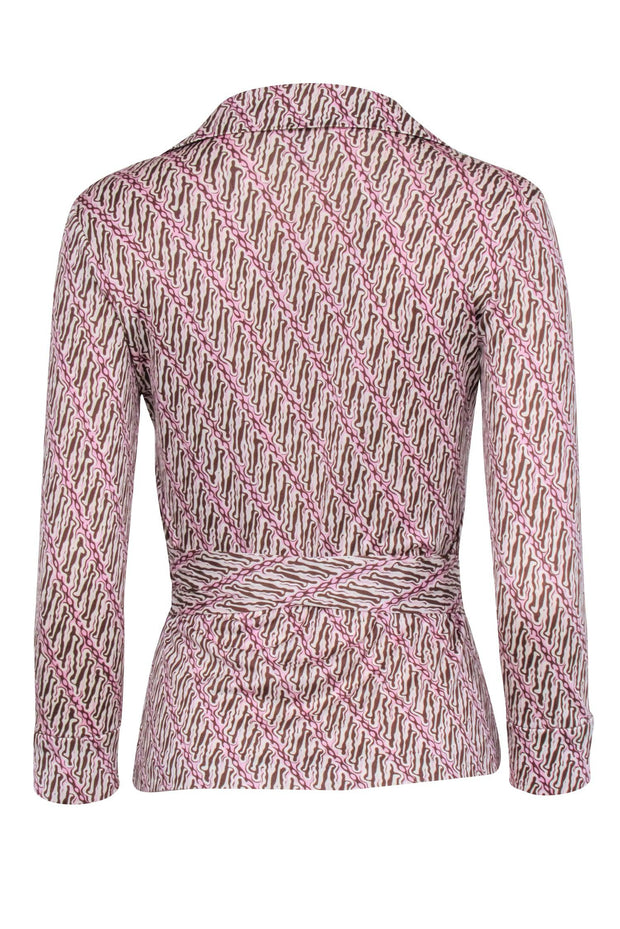 Current Boutique-Diane von Furstenberg -Ivory, Pink, & Brown Wrap Top Sz 8