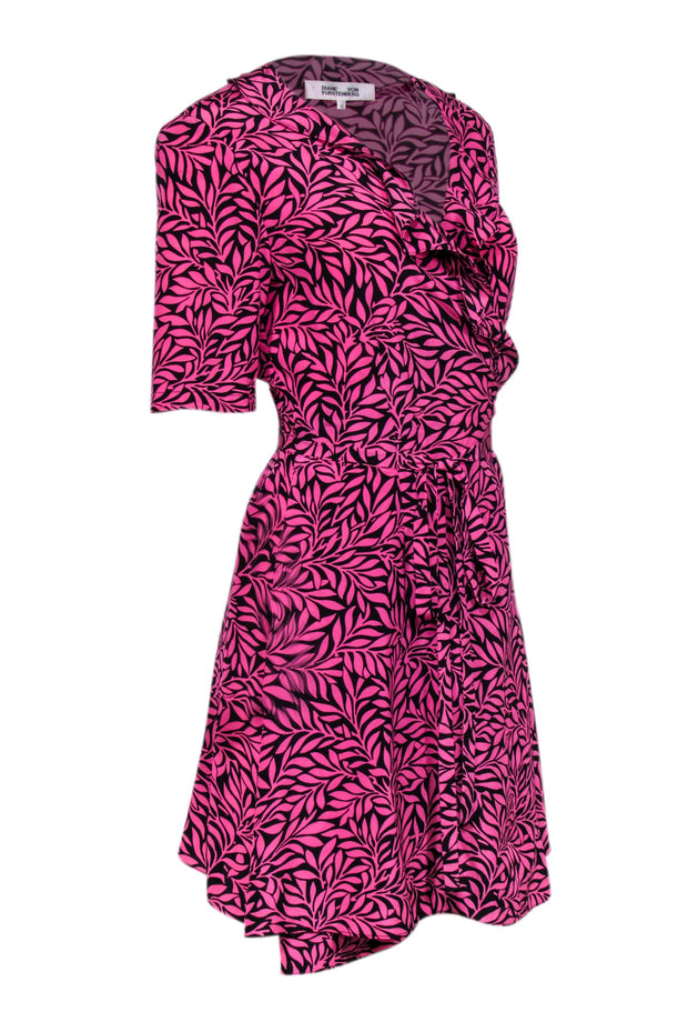 Current Boutique-Diane von Furstenberg - Pink & Black Leaf Print Silk Wrap Dress Sz 10