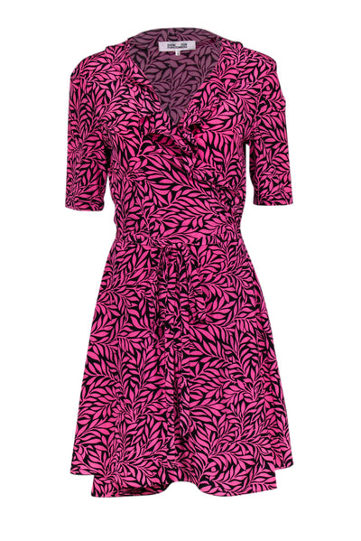 Current Boutique-Diane von Furstenberg - Pink & Black Leaf Print Silk Wrap Dress Sz 10