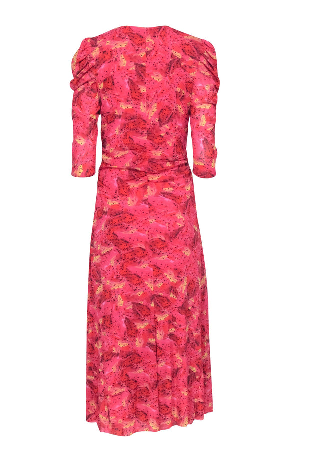 Current Boutique-Diane von Furstenberg - Pink & Red Abstract Printed Ruched Dress Sz L