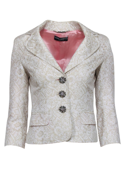 Current Boutique-Dolce & Gabbana - Gold Brocade Crop Sleeve Blazer w/ Jeweled Buttons Sz 2