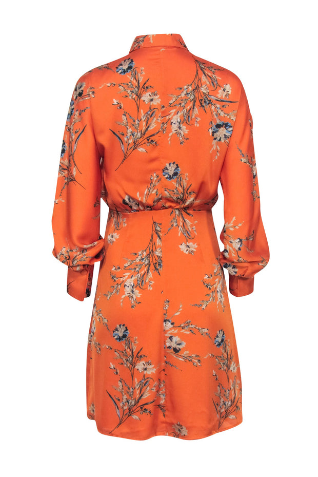 Current Boutique-Equipment - Orange w/ Blue Floral Print Satin Wrap Dress Sz S