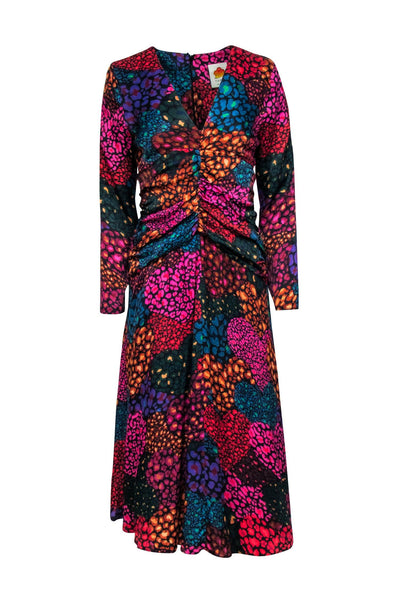 Current Boutique-Farm Rio - Blue Multi Color Leopard Print Ruched Midi Dress Sz S