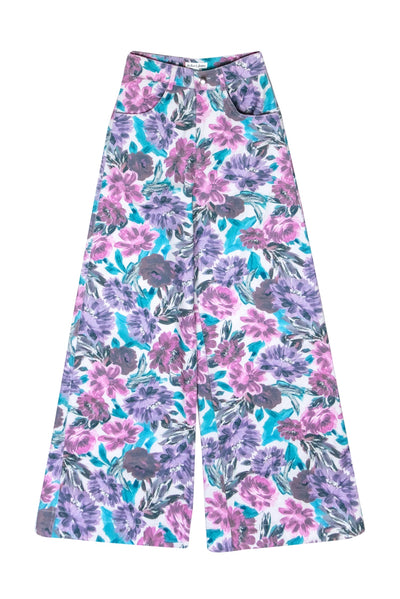 Current Boutique-For Love & Lemons - Ivory w/ Pink, Purple & Blue Watercolor Floral Print Jeans Sz XS