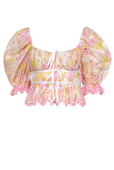 Current Boutique-For Love & Lemons - Pink, Yellow, & Ivory Floral Print Puff Sleeve Top Sz S