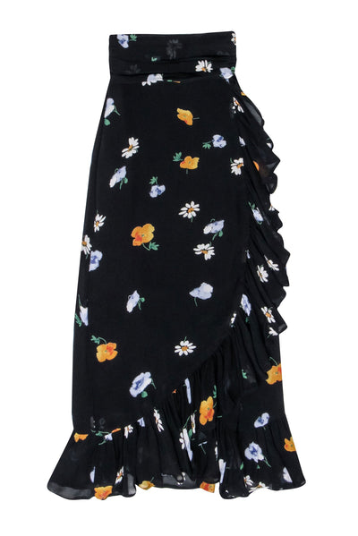Current Boutique-Ganni - Black w/ Orange, Blue, & Green Floral Maxi Wrap Skirt Sz 2