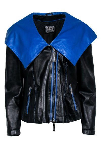 Current Boutique-Giorgio Rotti - Black Leather Moto Jacket w/ Blue Lining Sz 16