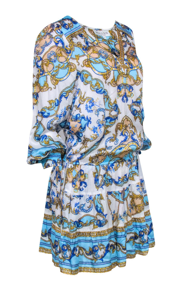Current Boutique-Hale Bob - White w/ Blue & Gold Print Long Sleeve Drawstring Waist Dress Sz S