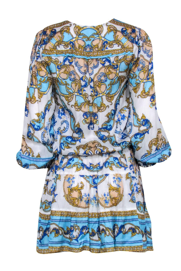 Current Boutique-Hale Bob - White w/ Blue & Gold Print Long Sleeve Drawstring Waist Dress Sz S