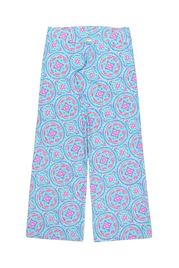 Current Boutique-Helen Jon - Aquamarine Blue & Hot Pink Paisley Print Beach Pants Sz S