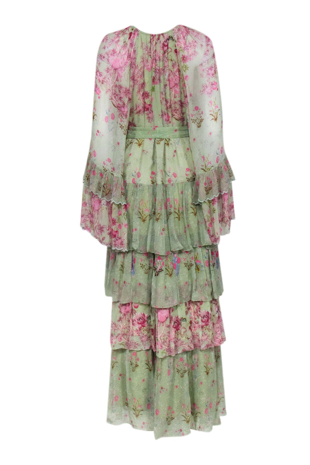 Current Boutique-Hermant & Nandita - Green w/ Pink Floral Print Embroidered Maxi Dress Sz S