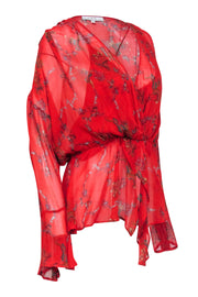 Current Boutique-IRO - Red Floral Print Semi-Sheer Bell Sleeve Top Sz 4