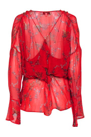 Current Boutique-IRO - Red Floral Print Semi-Sheer Bell Sleeve Top Sz 4